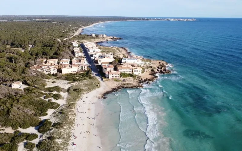 A stunning aerial view of Ses Covetes beach and coastline in Mallorca, showcasing serene turquoise waters and sandy shores.