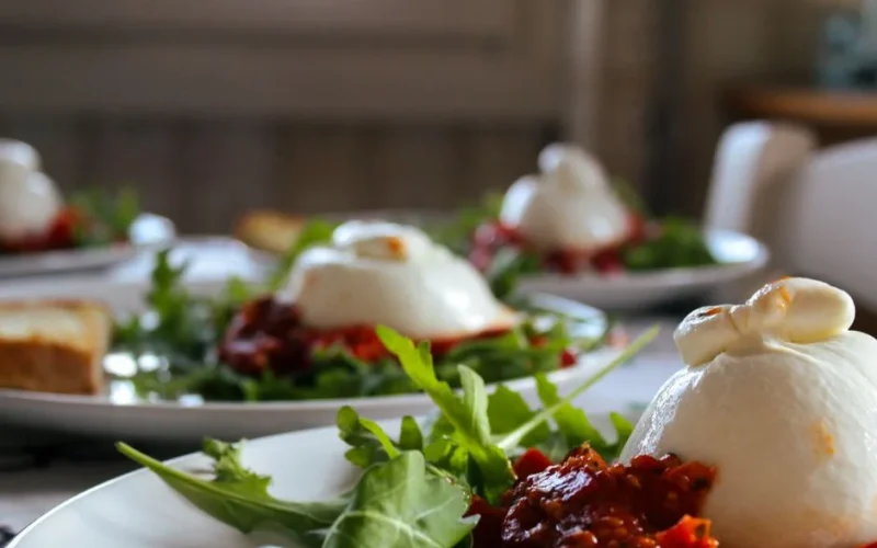 A close-up of burrata cheese with tomato relish and arugula on a plate, emphasizing Italian cuisine.