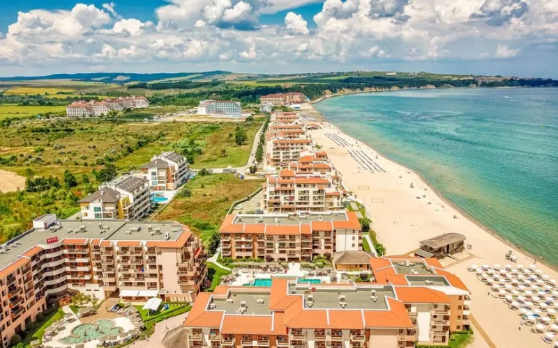 Stunning aerial view of beachside resorts and scenic coastline in Obzor, Bulgaria.