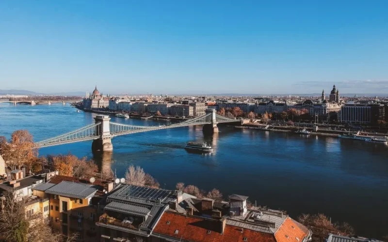 A breathtaking aerial view of Budapest with the iconic Chain Bridge over the Danube.