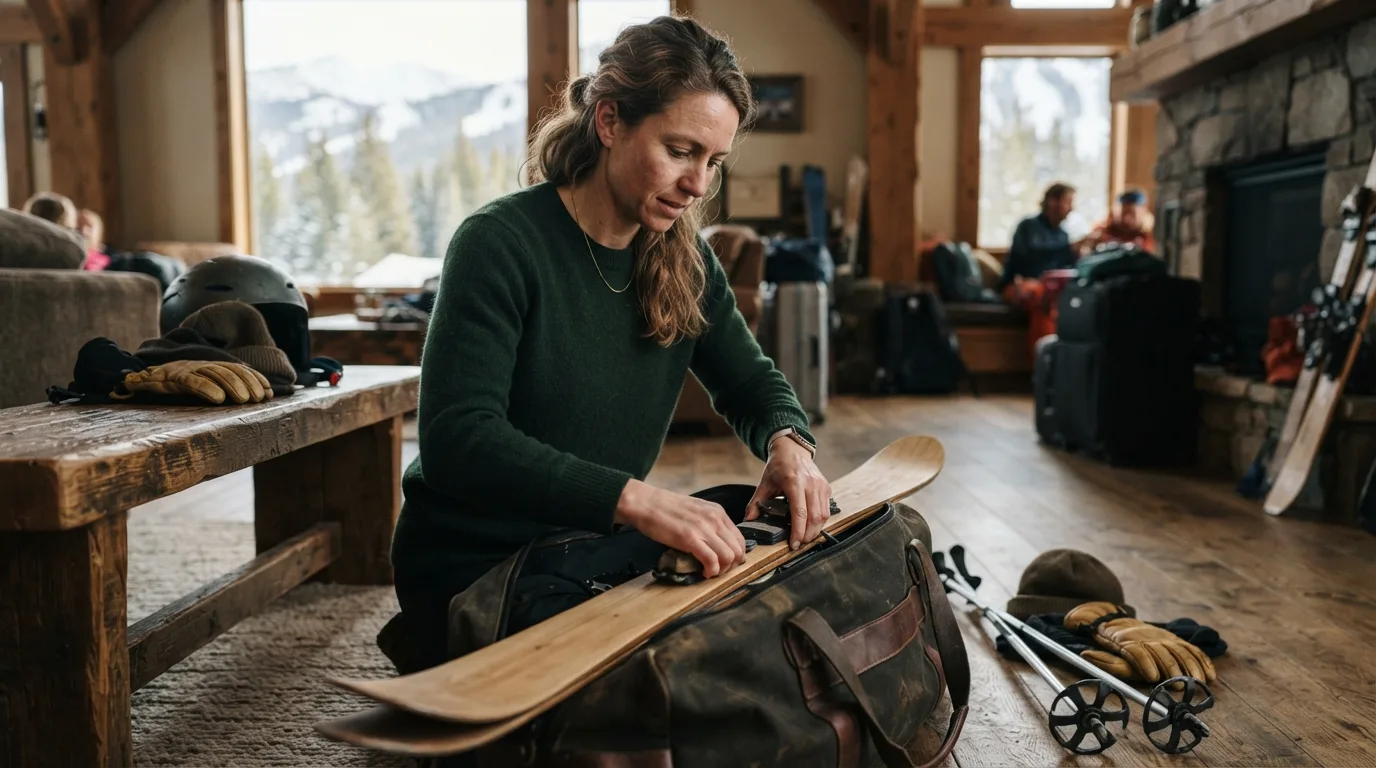 a person packing ski equipment in a mountain lodge