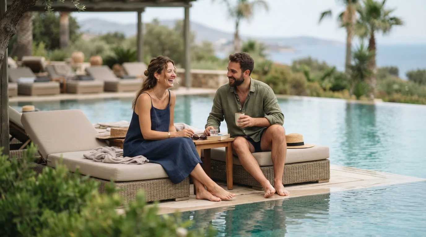 a couple relaxing by a resort pool