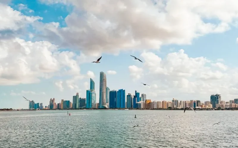 Stunning view of Abu Dhabi skyline with birds flying above the sea under a cloudy sky.