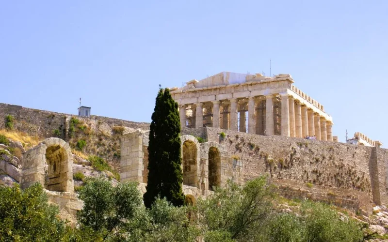 View of the historic Parthenon temple on the Acropolis in Athens, Greece.