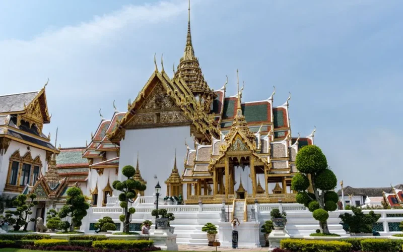 Ornate Chakri Maha Prasat Hall in the Grand Palace showcases exquisite Thai architecture.