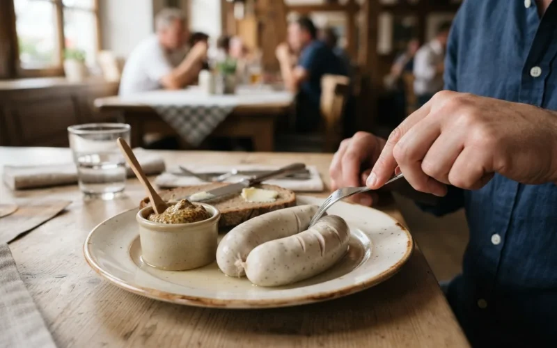 a plate of white sausage with mustard and bread