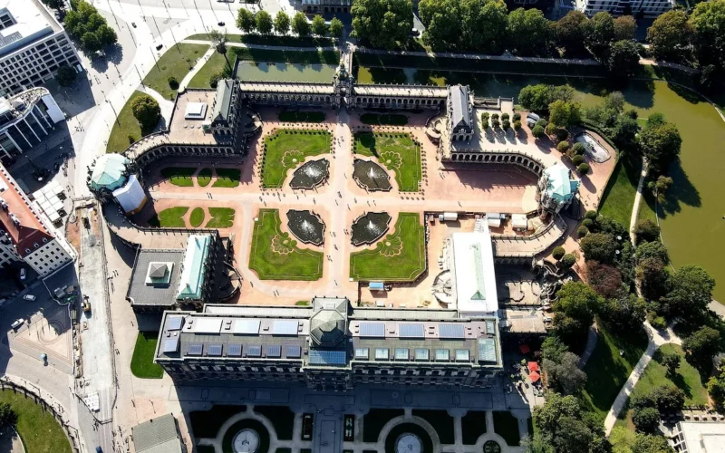 zwinger, pałac, ogród botaniczny, element krajobrazu, historyczny, atrakcja turystyczna, budynki, widok z lotu ptaka, elbe, drezno, niemcy
