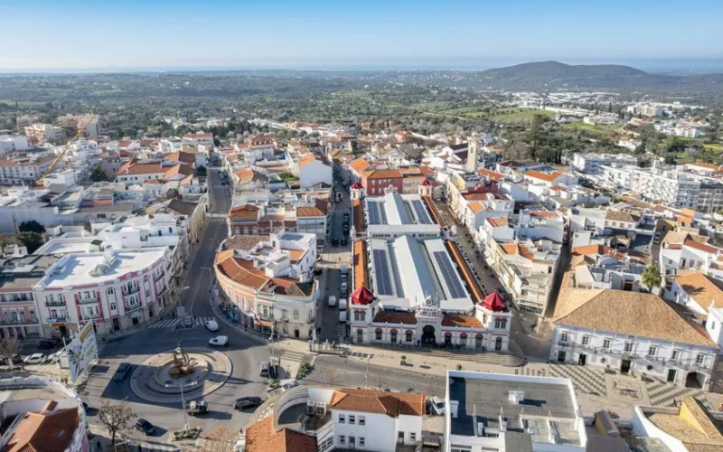 Aerial shot of Loulé Market and surrounding architecture in Faro, Portugal.