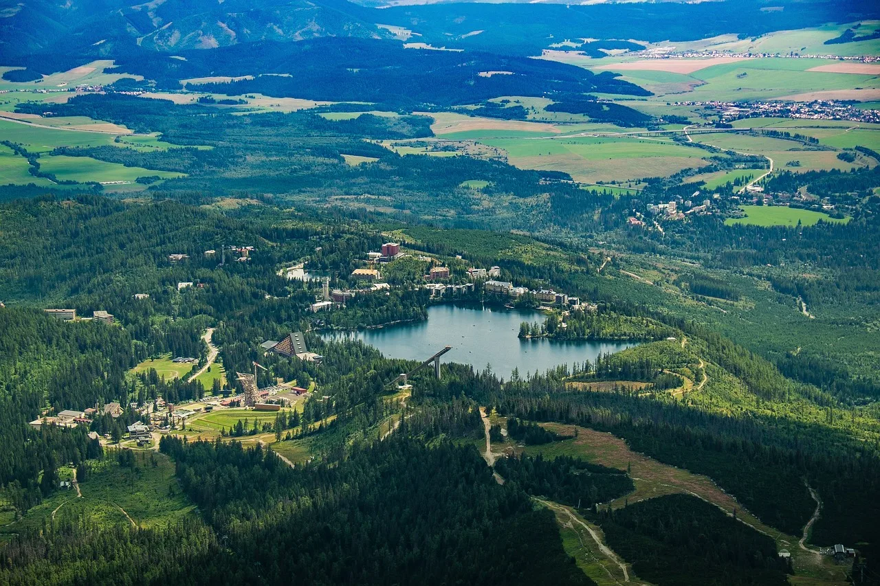 wioska, miasta, obszarów wiejskich, wieś, drzewa, pole, jezioro, staw, wody, natura, krajobraz, tatry, słowacja, szczyrbskie