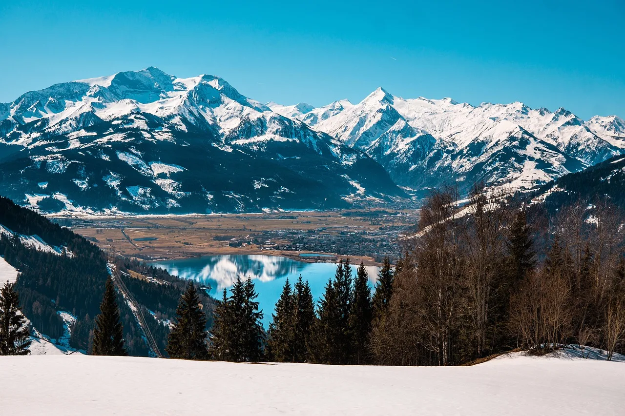 góry, austria, kaprun, jezioro, salzburg, natura, śnieg, alpejski, kitzsteinhorn, zima