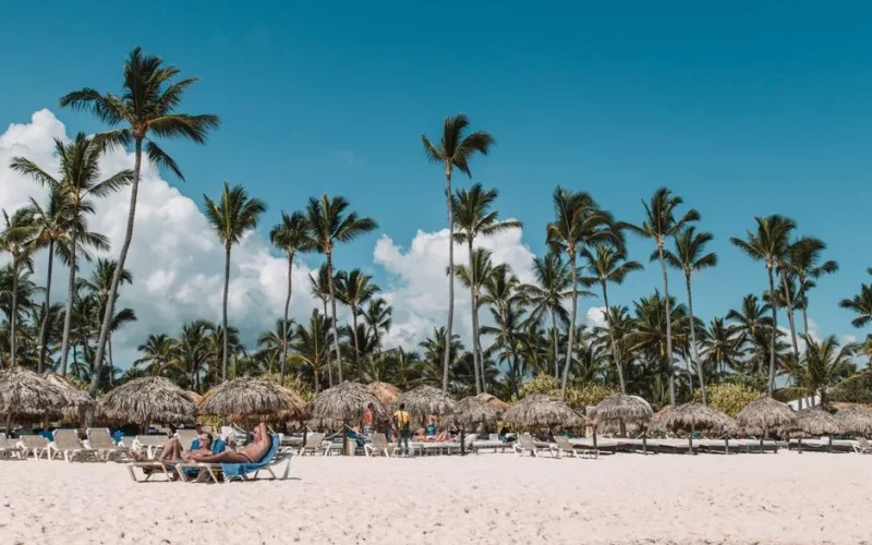 Relaxing tropical beach in Punta Cana with palm trees and sunbathers on white sand.