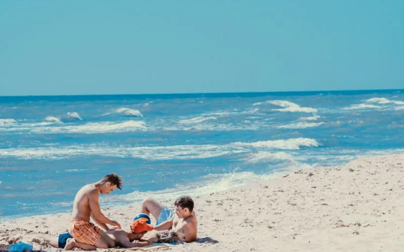 Three friends enjoying a sunny day relaxing on a sandy beach by the ocean.