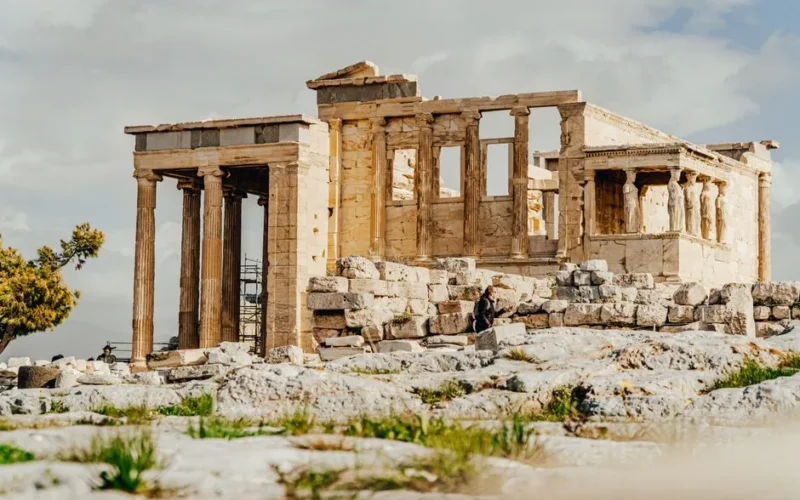 View of the ancient Erechtheion Temple on the Acropolis in Athens, Greece.