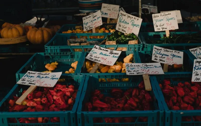 Vibrant peppers and spices at Maastricht market stall with pricing signs.