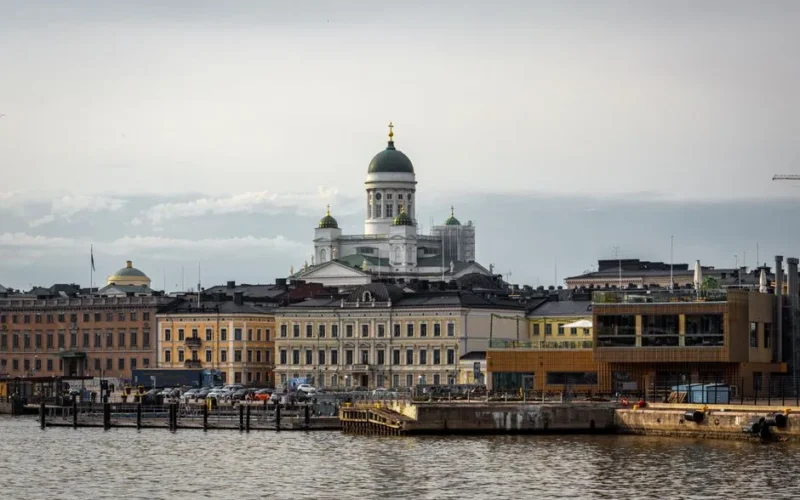 Beautiful view of Helsinki Cathedral and surrounding buildings by the waterfront in Helsinki, Finland.