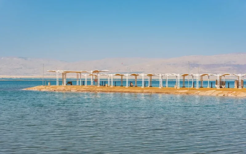Peaceful beach with sunshades by the Dead Sea in Israel under a clear blue sky.