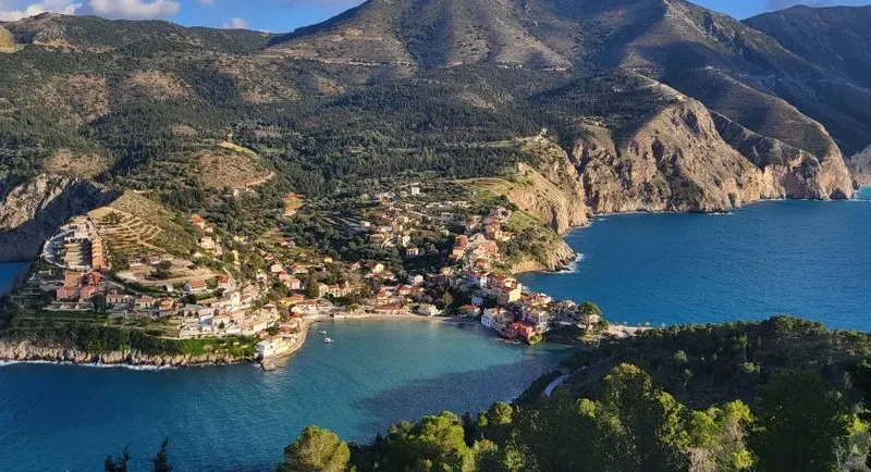 Breathtaking aerial view of Asos village nestled on the coast of Kefalonia, Greece.