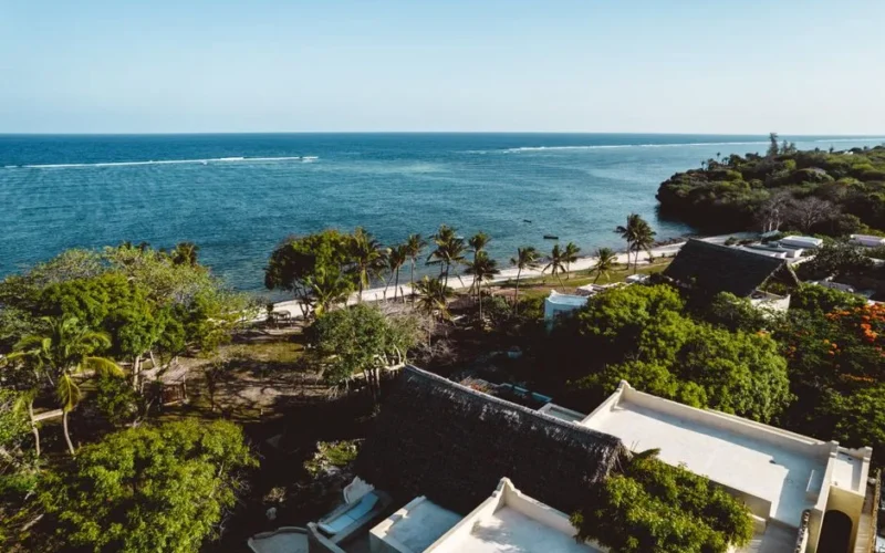Stunning aerial shot of the coastal landscape in Kilifi, Kenya featuring ocean, trees, and buildings.