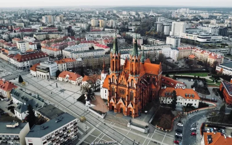 Stunning aerial view of Białystok showcasing the Cathedral with surrounding architecture.