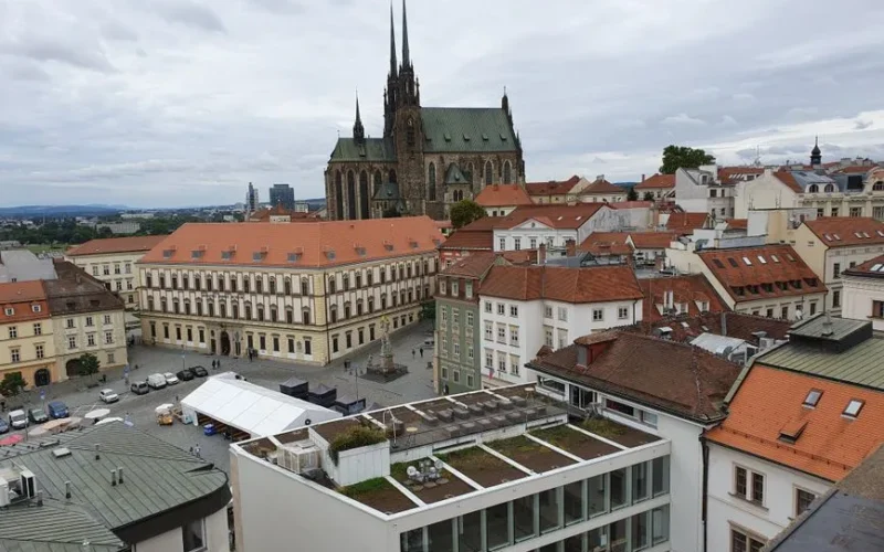 Stunning aerial view of Brno's old town and the Cathedral of St. Peter and Paul.
