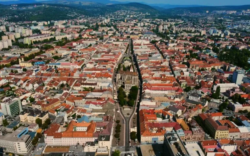 Aerial view of Košice, Slovakia showcasing vibrant cityscape and iconic architecture.