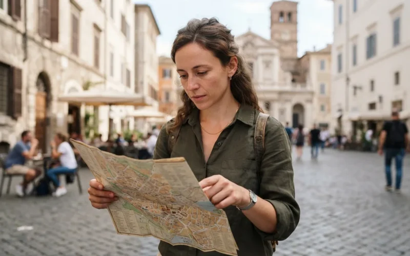 a person looking at a city map in a historic European square