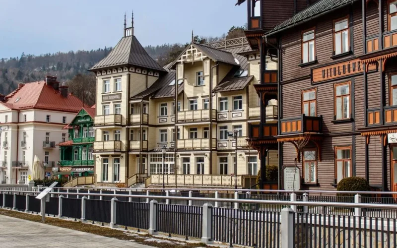 Elegant wooden buildings with distinctive architecture in Krynica-Zdrój, Poland.
