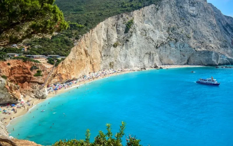 Aerial view of the stunning Porto Katsiki beach with turquoise waters and cliffs in Lefkada, Greece.