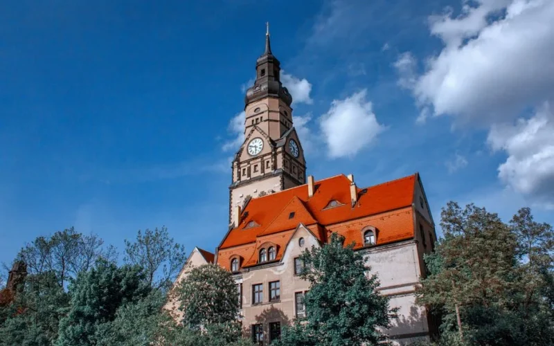Majestic gothic clock tower in Leipzig with vibrant architecture and scenic surroundings.