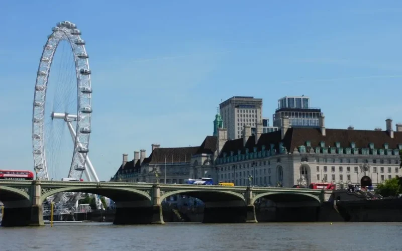 A scenic view of the London Eye and River Thames with historic architecture and clear sky.