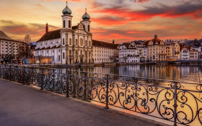 miasto, zmierzch, podróż, natura, turystyka, europa, szwajcaria, lucerna, architektura, budynek, most, kościół, pływ, woda