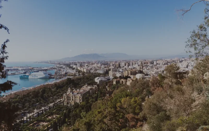 Stunning aerial view of Málaga cityscape with harbor and lush greenery under a clear blue sky.
