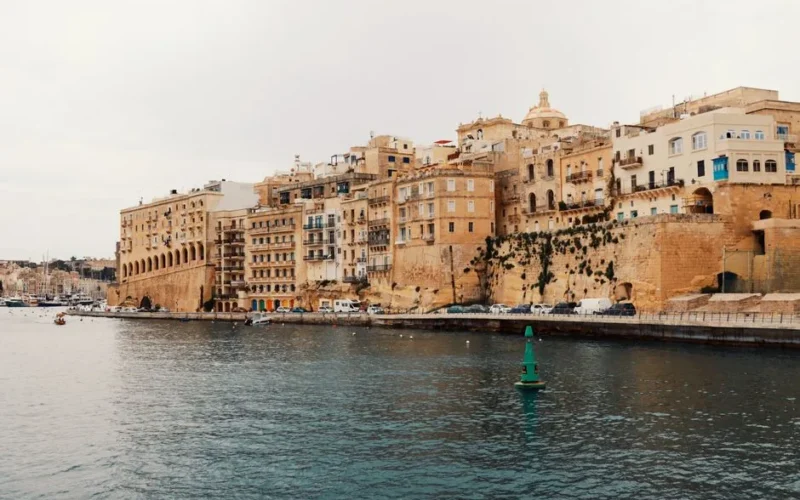 Historic architecture along Valletta's waterfront, Malta's capital city.
