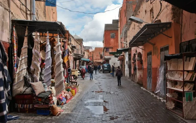 Explore the bustling streets of Marrakech with vibrant fabrics and traditional architecture in this lively market scene.