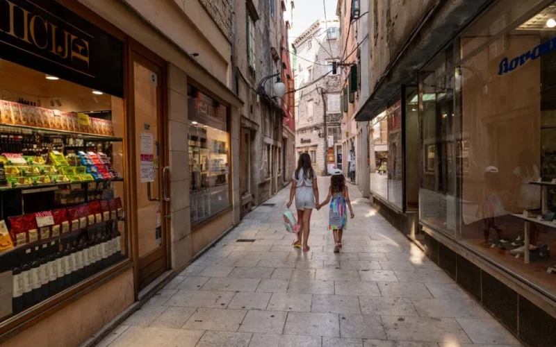 Two children walking down a picturesque street in Šibenik, Croatia.