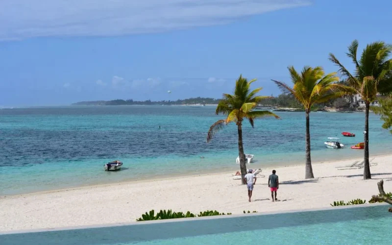 Relaxing tropical beach scene with palms and turquoise waters in Mauritius.