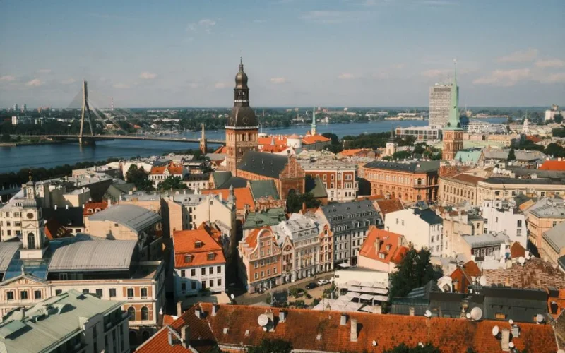 Stunning aerial photograph of Riga's historic center and Daugava River skyline in Latvia.