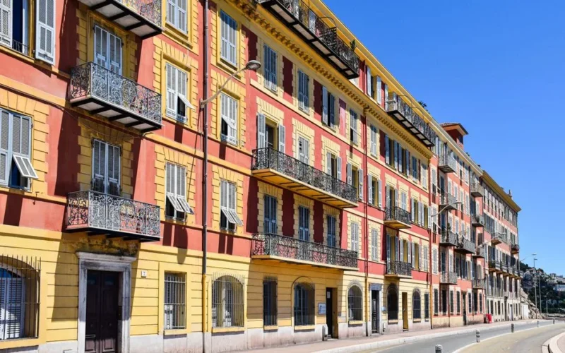 Vibrant apartment buildings showcasing French architecture in the South of France.