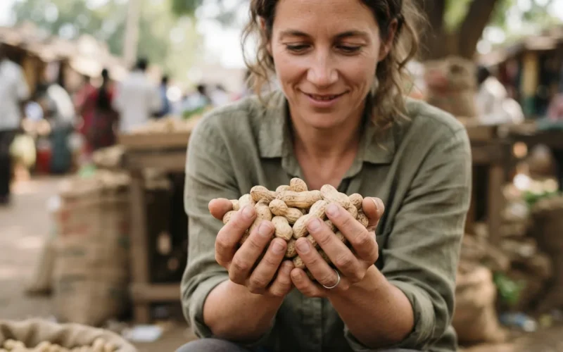 a person holding a handful of peanuts