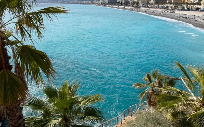 Aerial view of the beautiful coastline and vibrant city of Nice, France, with palm trees and turquoise sea.