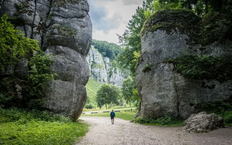 Explore the scenic beauty of Ojcow National Park with towering rock formations and lush greenery.
