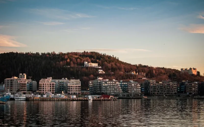 Urban skyline of Oslo with waterfront and hill in sunset light.