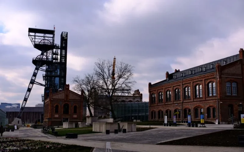 View of the Silesian Museum with the historic mine shaft tower in Katowice, Poland.