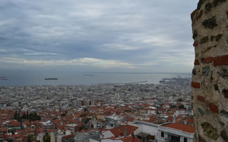 Aerial view of Thessaloniki, Greece from the historic Byzantine walls overlooking the port and cityscape.