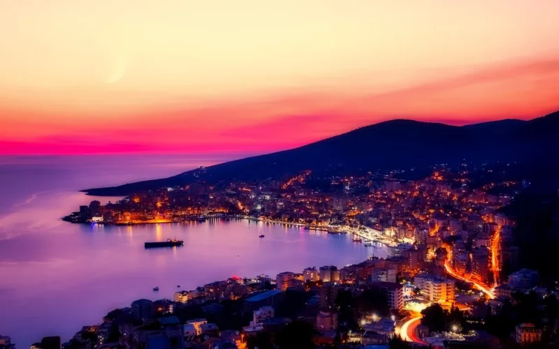 saranda, albania, panorama, miasto, miejski, zatoka, port, morze, ocean, refleksje, góry, zachód słońca, zmierzch, światła, blask, sylwetki, natura, na dworze, albania, albania, albania, albania, albania
