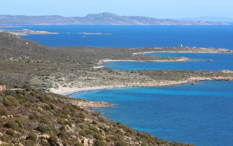 Breathtaking view of the Sardinian coastline with clear blue waters and rugged terrain under a bright day.
