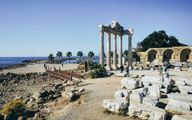 Explore the ancient Roman ruins in Side, Turkey, with stunning seascape views and historic architecture.