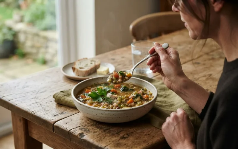 a bowl of soup on a rustic table