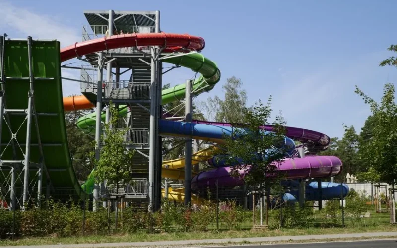 Vibrant outdoor water slides in Zielona Góra, perfect for summer fun and adventure.