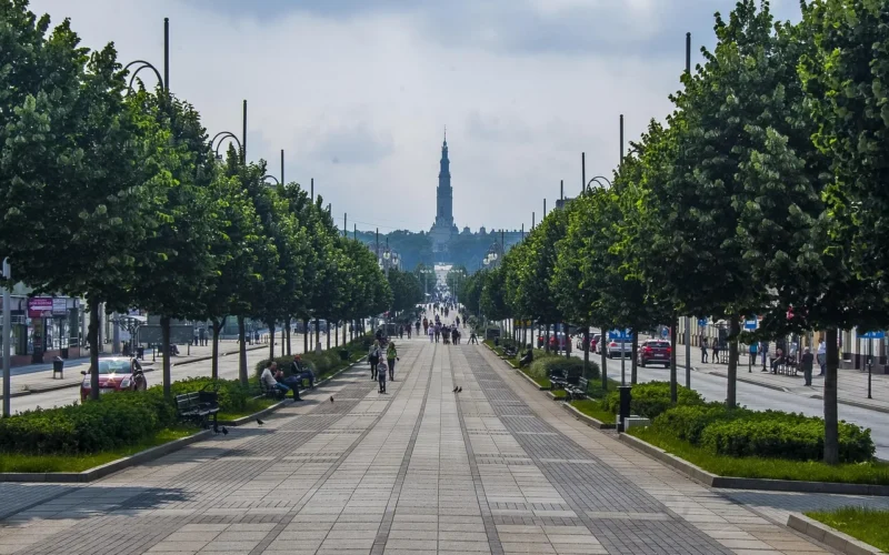 częstochowa, deptak, aleja, miasto, ulica, chodnik, natura, bruk, drzewa, jasna góra